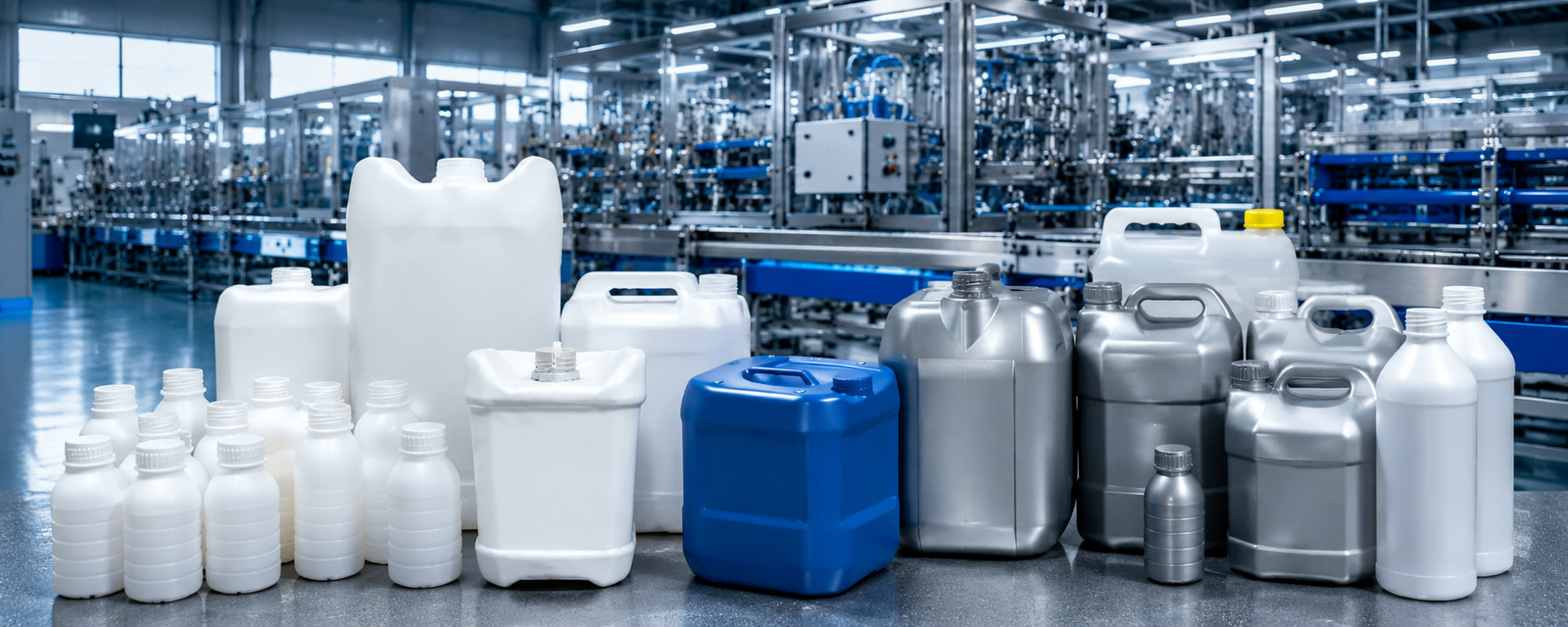 Plastic bottles and containers in manufacturing facility