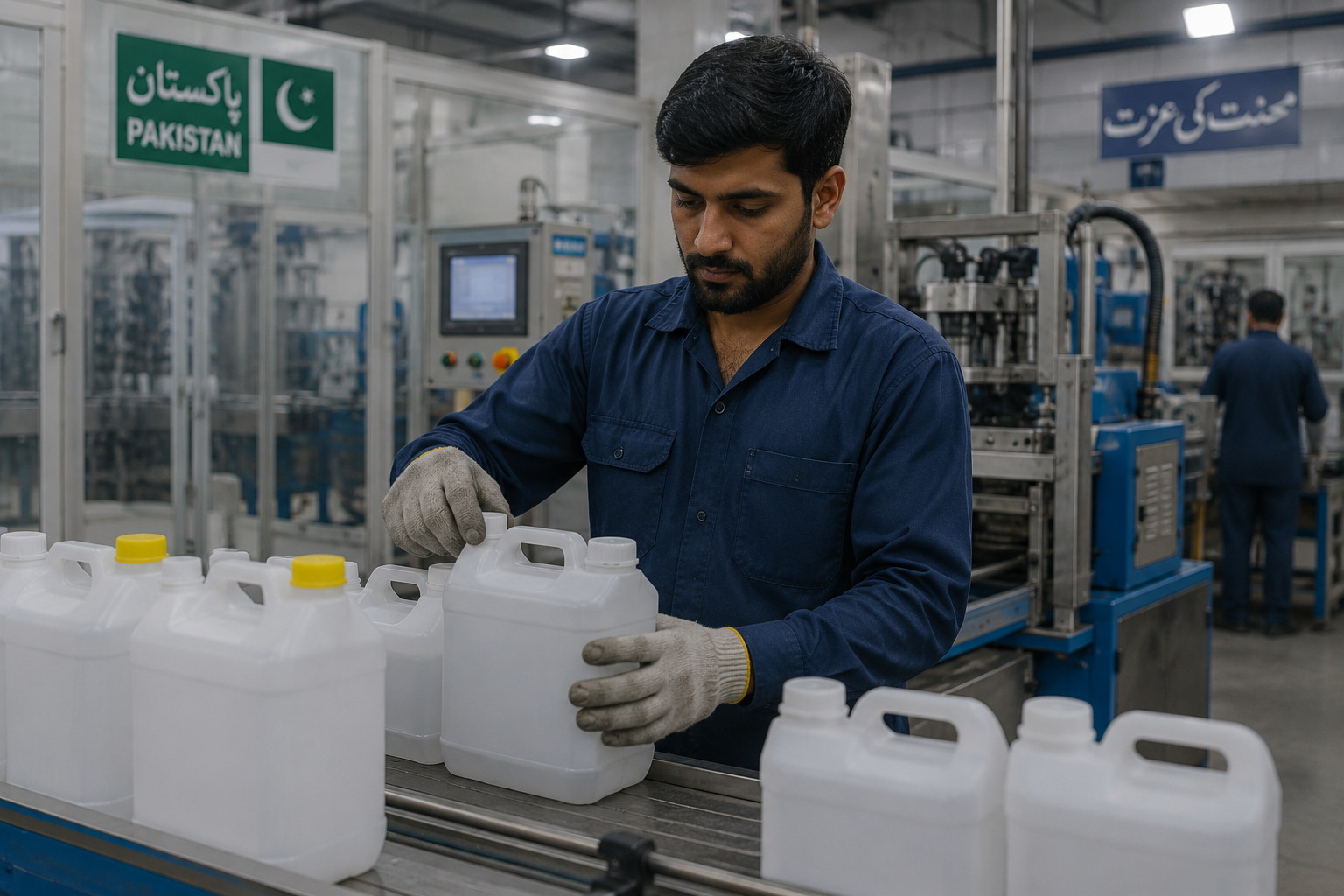Factory worker checking plastic water cans